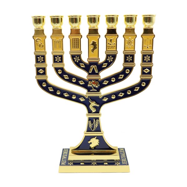Gold Plated 7 Branch 12 Tribes Of Israel Blue Enamel Menorah - Image 3