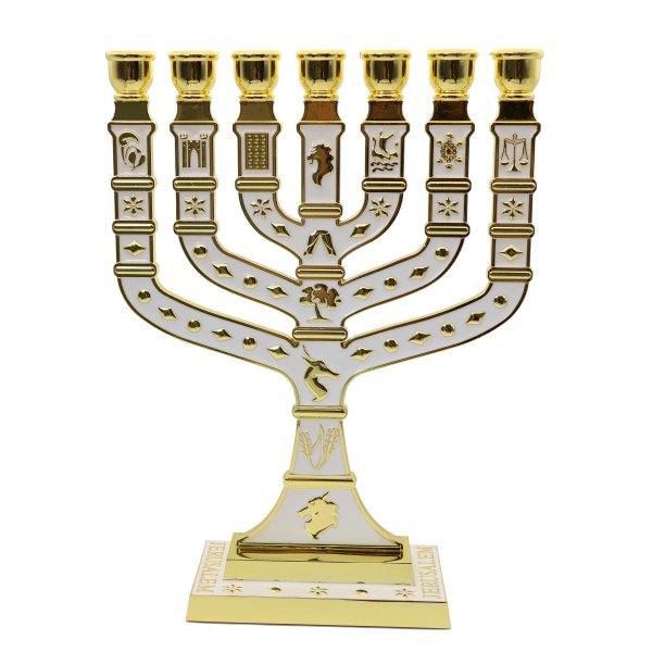 Gold Plated 7 Branch 12 Tribes Of Israel Blue Enamel Menorah - Image 2