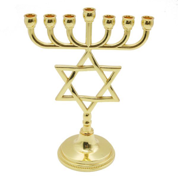 Gold Judaica Star of David Menorah with Jewish Jerusalem Cross Charm - Image 2
