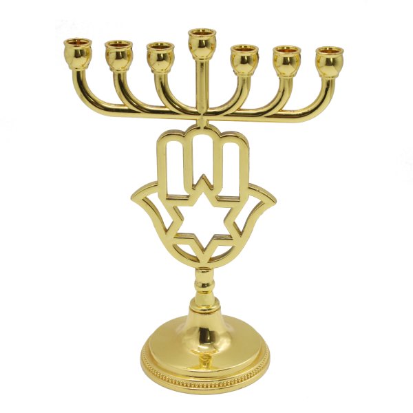 Metal Gold Hamsa Menorah with Star and David Design