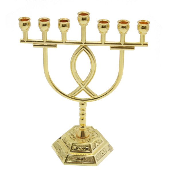 Gold color 7 Branch Fish Design Temple Menorah