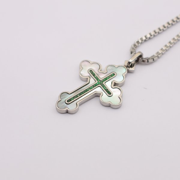 Silver Cross Necklace with Shell & Enamel