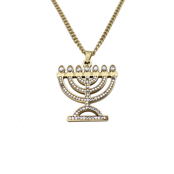 Jewish Menorah Pendant Necklace with Stones