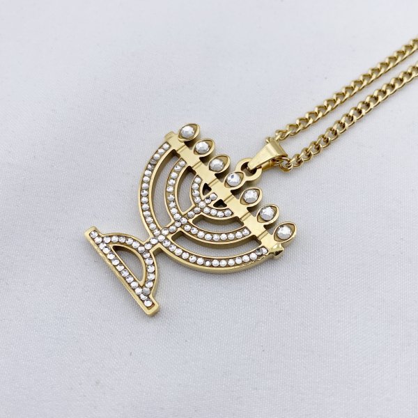 Jewish Menorah Pendant Necklace with Stones - Image 3