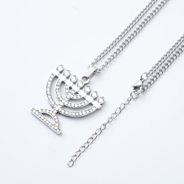 Jewish Menorah Pendant Necklace with Stones - Image 2