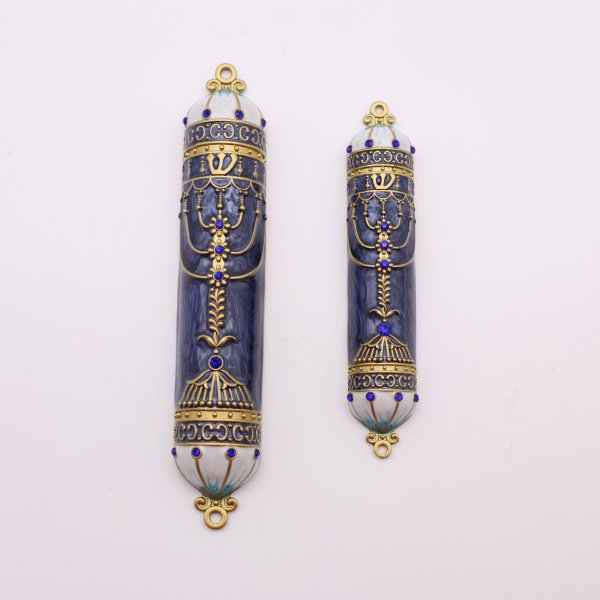 Arched Menorah Mezuzah with Blue Enamel