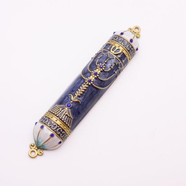 Arched Menorah Mezuzah with Blue Enamel - Image 2