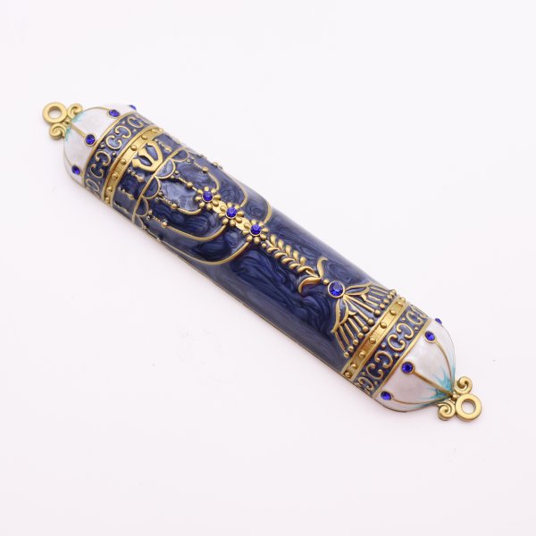 Arched Menorah Mezuzah with Blue Enamel - Image 3