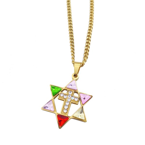 Gold & Silver Star of David Cross Necklace with Rhinestones