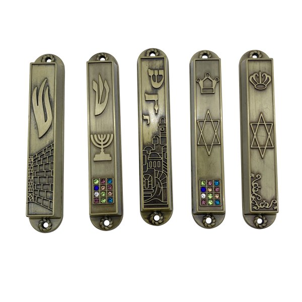 5 Antique Bronze Mezuzahs with Unique Symbols