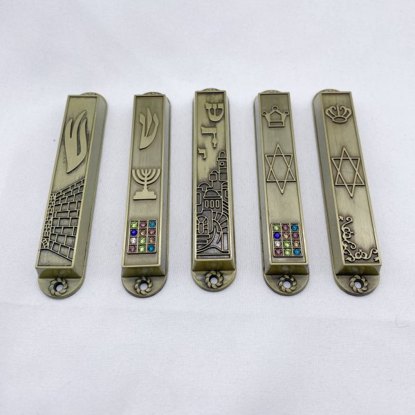 5 Antique Bronze Mezuzahs with Unique Symbols - Image 3