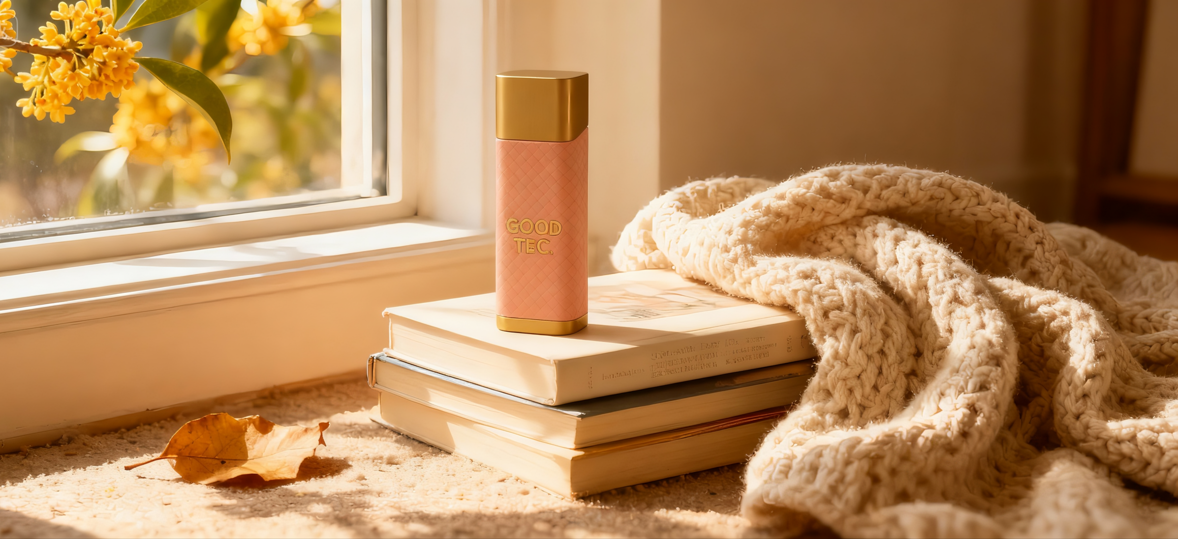 jimeng-2025-12-05-5705-图中展现了一个温馨惬意的室内场景。窗边放置着几本书籍，上面摆放着一款香水分装瓶，...